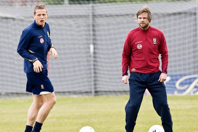 Christophe Berra and Steven Pressley pictured during Scotland training in 2008. Picture: SNS