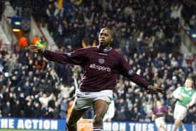 Mark de Vries celebrates equalising for Hearts in the 4-4 Edinburgh derby in 2003. Picture: SNS