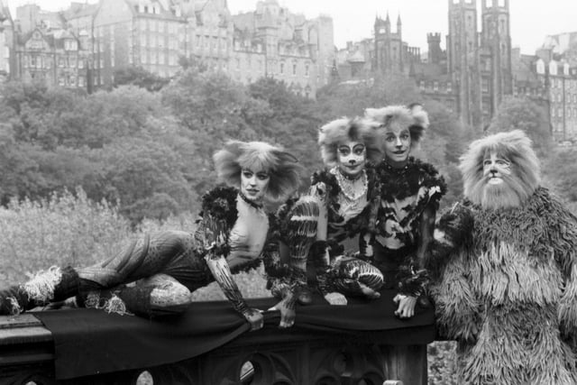 Dancers from the musical Cats at a photocall in Princes Street gardens Edinburgh, October 1989. Back row: Bombalurina (Rosemarie Ford, later a hostess on The Generation Game). Front row l-r: Rumpleteazer (Barbara King), Old Deuteronomy (Adrian Edmeades) and  Mr Mistoffelees (Nick Butler).