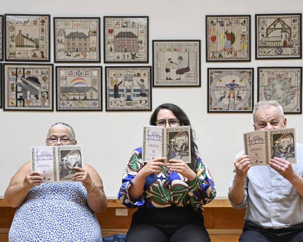 Craigmillar Tapestry stitcher Heather Henderson, Scottish Storytelling Centre's Lauren Paterson and Artist Andrew Crummy celebrate the launch of the Craigmillar Tapestry. Picture: Neil Hanna
