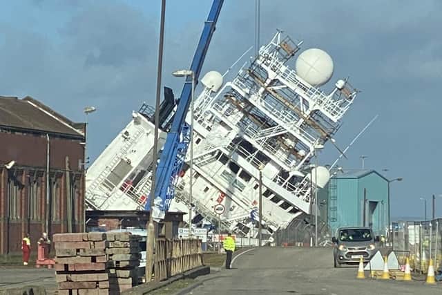 The ship topped in Leith dry docks, Edinburgh. (Photo credit: @Tomafc83 on Twitter)