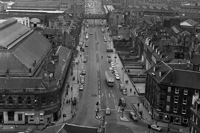 An aerial photo of Leith Walk in Edinburgh, taken in October 1977, showing the old railway bridge (no longer there) and the foot of Leith Walk looking north to Princes Street, with Leith Central Station in the foreground on the left.