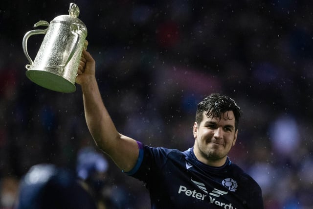 McInally gets his hands on the Calcutta Cup after Scotland beat England at BT Murrayfield in February 2022