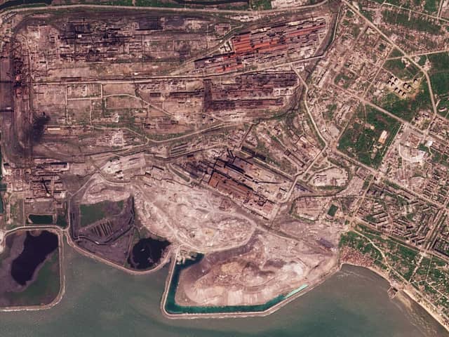 This satellite image taken by Planet Labs PBC shows damage at the Azovstal steelworks in Mariupol, Ukraine, Saturday, May 7, 2022. (Planet Labs PBC via AP)
