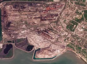 This satellite image taken by Planet Labs PBC shows damage at the Azovstal steelworks in Mariupol, Ukraine, Saturday, May 7, 2022. (Planet Labs PBC via AP)