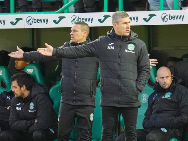 Hibs manager Nick Montgomery, centre, is coming under pressure after Saturday's loss