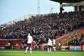Hearts sold out the the visiting allocation of tickets at Pittodrie, with around 1,700 making the journey. Picture: Paul Byars / SNS