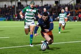 Blair Kinghorn got just enough downward pressure to score Edinburgh's third try after loose passing by Benetton. (Photo by Paul Devlin / SNS Group)