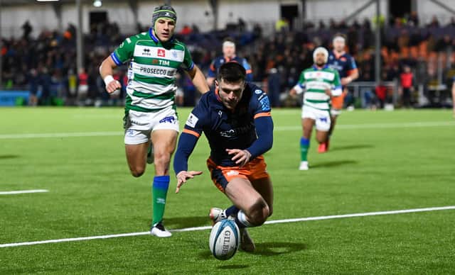 Blair Kinghorn got just enough downward pressure to score Edinburgh's third try after loose passing by Benetton. (Photo by Paul Devlin / SNS Group)