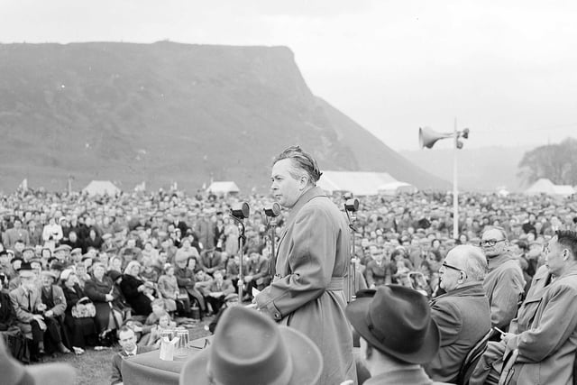 Labour's Harold Wilson - who would later serve twice as Prime Minister - addresses a Miners Day rally in Edinburgh's Holyrood Park in May 1955.