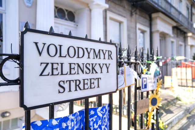 Windsor Street in Edinburgh, where the Ukraine Consulate is based, has unofficially been renamed 'Volodymyr Zelenskyy Street' as a gesture of solidarity with the president and people of Ukraine following the Russian invasion. (Photo credit: Jane Barlow/PA Wire)