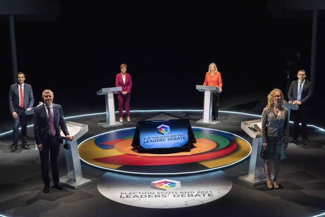 (Left to right) Scottish Labour leader Anas Sarwar, Scottish Liberal Democrat Leader Willie Rennie, Scottish National Party leader Nicola Sturgeon, presenter Sarah Smith, Scottish Green Party co-leader Lorna Slater and Scottish Conservative leader Douglas Ross during a Scottish party leaders' debate ahead of the Scottish Parliamentary election on May 6. Picture: BBC Scotland/Kirsty Anderson/PA Wire