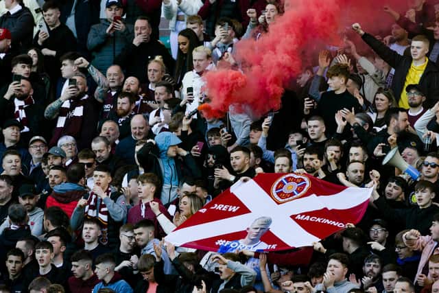 Hearts fans in the away end at Easter Road as the Jambos lost 1-0 to rivals Hibs in the Edinburgh derby. Picture: SNS