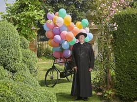 Father Brown, played by Mark Williams, with biodegradable balloons for the 100th Episode of the hit drama.