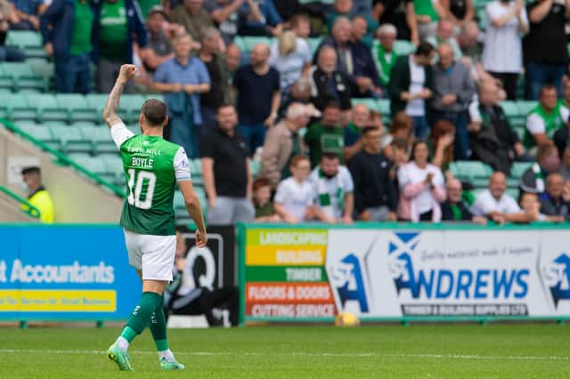 Martin Boyle takes the plaudits from the Hibs fans after scoring the opener