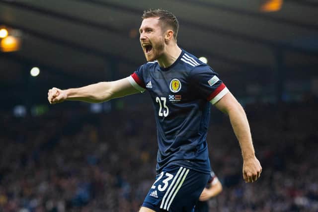 Scotland's Anthony Ralston celebrates after making it 1-0 during the Nations League match against Armenia at Hampden. Picture: Craig Williamson / SNS
