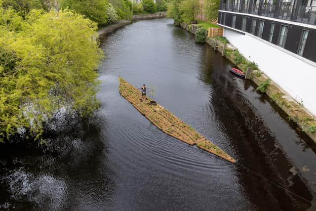The 15-metre long islands are installed near the Great Junction Bridge on the Water of Leith. The floating habitats will boost biodiversity and improve the ‘dilapidated space’ 
Photo: David Mollison, BlueTech Research