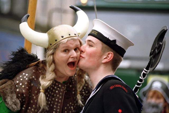 Chris Broom from Trinity sea cadets kisses the Viking Tyger Bowjones at the Leith Cavalcade in June 1998.