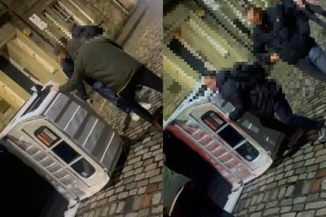 The vandals were seen tipping over the truck parked on Thistle Street, with these two stills taken from the video a neighbour shot of the incident on Wednesday, December 27.