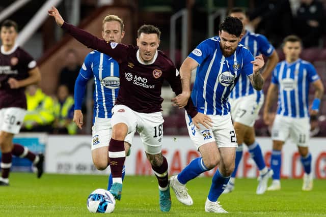 Barrie McKay runs away from Kilmarnock's Liam Donnelly. He was very effective in the No10 role for Hearts. Picture: Ross Parker / SNS