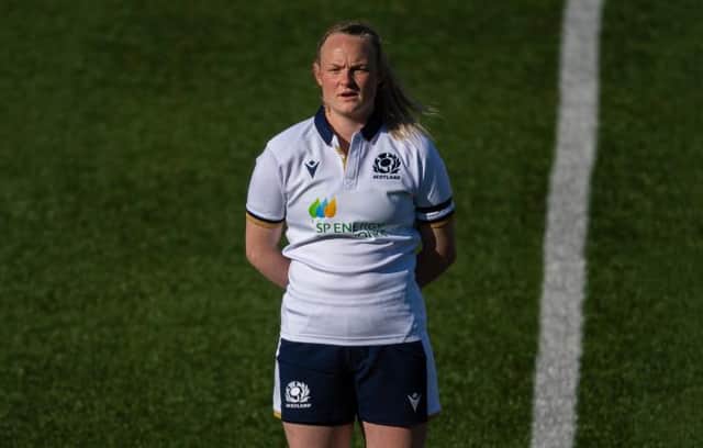 Scotland’s Siobhan Cattigan during the anthems before the Women's Six Nations match between Scotland and Italy at Scotstoun Stadium, on April 17, 2021, in Glasgow, Scotland. (Photo by Ross MacDonald / SNS Group)