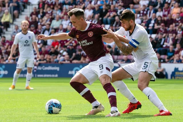 Lawrence Shankland comes under the attentions of Jack Baldwin during Hearts' 2-1 win over Ross County at Tynecastle Park. Picture: SNS
