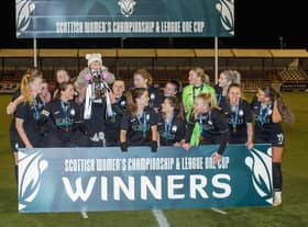 FC Edinburgh lift the trophy at the Indodrill Stadium. Credit: Ger Harley/ SportPix