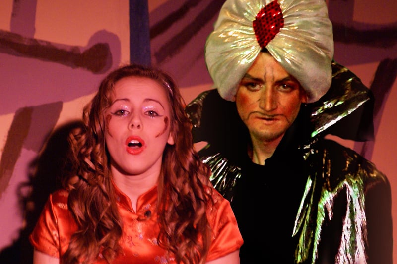 Iwan Jones as Abanazer and Katie Ward as Jasmine in Aladdin at Hasland Playhouse in 2008