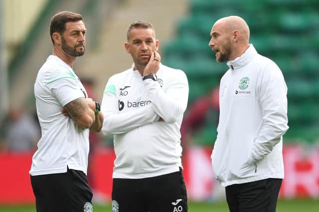 Hibs assistant managers Jamie McAllister and Adam Owen have been working very closely with David Gray since joining the club under Lee Johnson in the summer. Picture: Ross Parker ./ SNS
