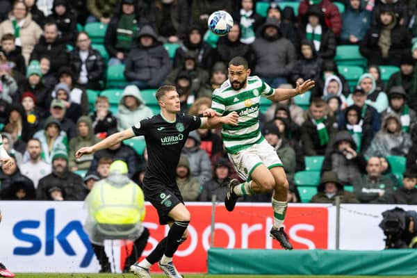 Hibs defender Will Fish challenges Cameron Carter-Vickers of Celtic during Saturday's 3-1 defeat at Parkhead