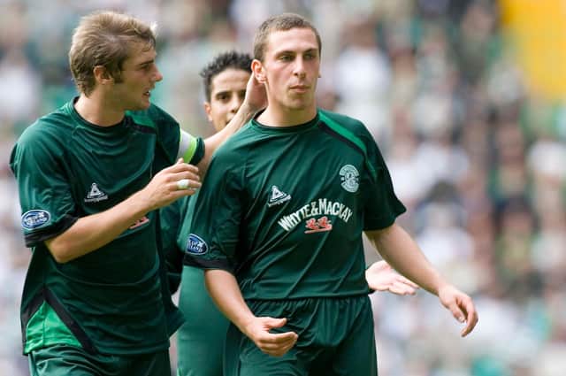 Scott Brown (right) is congratulated by Kevin Thomson after scoring for Hibs at Celtic Park, the stadium he would ultimately call home for 14 years. Picture: SNS