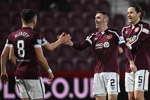 Michael Smith celebrates with fellow goalscorer Ben Woodburn (not visible) after the latter's strike in the 2-1 win over Ross County. Picture: SNS