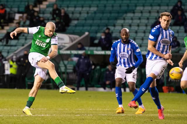 Alex Gogic pulls the trigger as he scores his first goal for Hibs