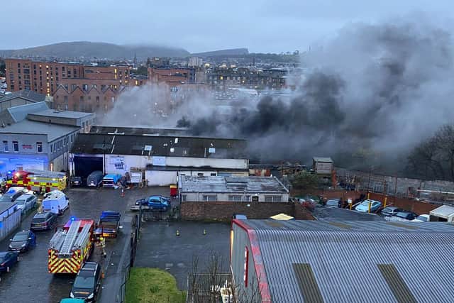 A huge fire broke out at a single-storey garage in the Leith area on Tuesday night – and video captured by an eyewitness shows smoke billowing into the air as Edinburgh firefighters battle the blaze. Photo: Arianne Robertson