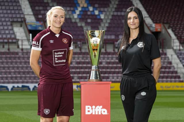 Hearts captain Mariel Kaney and manager Eva Olid with the Biffa Scottish Women's Cup trophy as it was announced Tynecastle was selected to host the final. Picture: SNS