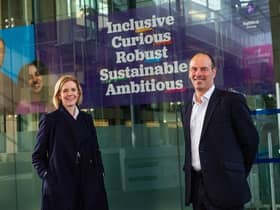 Jenny Britton, head of executive development at University of Edinburgh Business School and James Close, head of climate change at NatWest Group, mark the launch of the tie-up at RBS's Gogarburn headquarters. Picture: Stuart Nicol Photography