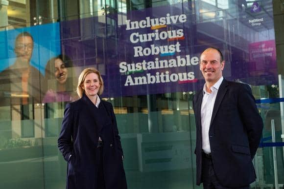Jenny Britton, head of executive development at University of Edinburgh Business School and James Close, head of climate change at NatWest Group, mark the launch of the tie-up at RBS's Gogarburn headquarters. Picture: Stuart Nicol Photography