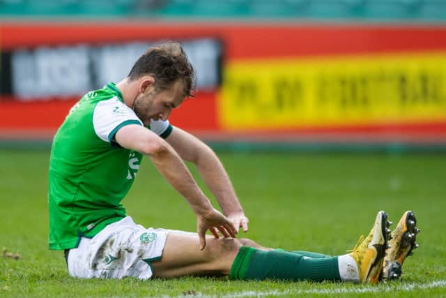 Christian Doidge cuts a dejected figure after missing a chance during the Hibs v Motherwell game