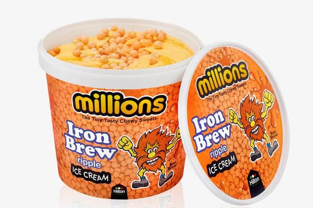 The new product is made up of a 'silky smooth' iron brew-flavoured ice cream with an iron-brew ripple and Millions sweeties running through it.