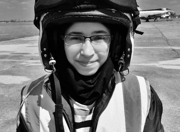 Suited and booted: Ms Mohiuddin during English Electric Lightning restoration project at Cranfield