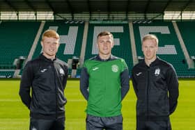 Hibs midfielder Josh Campbell with Hibs colleague Jack Brydon, left, currently on loan at FC Edinburgh, and former Hibs youngster and current Citizens midfielder Innes Murray at the launch of the partnership between the two clubs