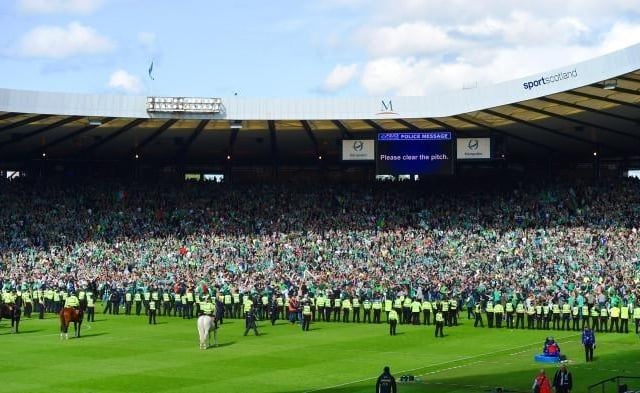 The east end of Hampden was a sea of Hibs fans for the final rendition of Sunshine on Leith after the celebrations and pitch incursions were brought under control. Photo: SNS Group Craig Williamson
