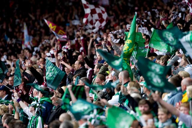Hearts and Hibs fans at the national stadium. Picture: SNS