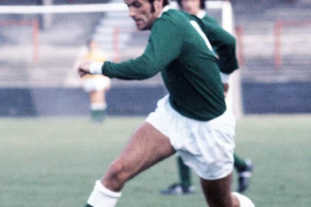 Pat Stanton wearing a rare all-green jersey during the 1972/73 season