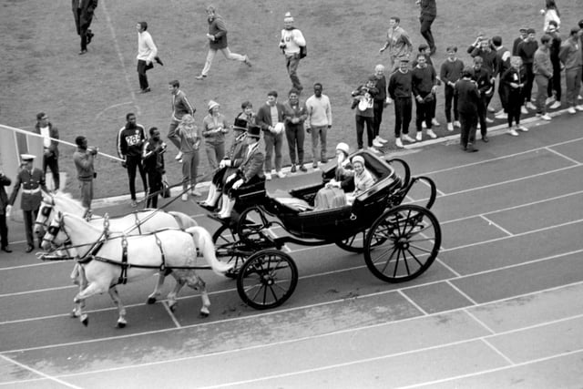 Queen Elizabeth and Princess Anne in the royal carriage at the closing ceremony of the Commonwealth Games at Meadowbank Stadium Edinburgh in July 1970.