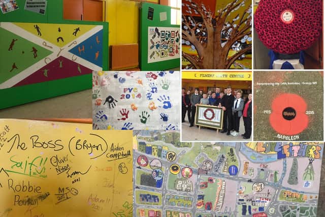 Artwork by local young people decorates the walls of the youth centre. In 2015 children from the centre and the Leith Academy XL Group commemorated the centenary of the Gretna train disaster, winning national wards for their project (top right). Children sign the walls inside the building before walking through the doors for the last time (bottom left)