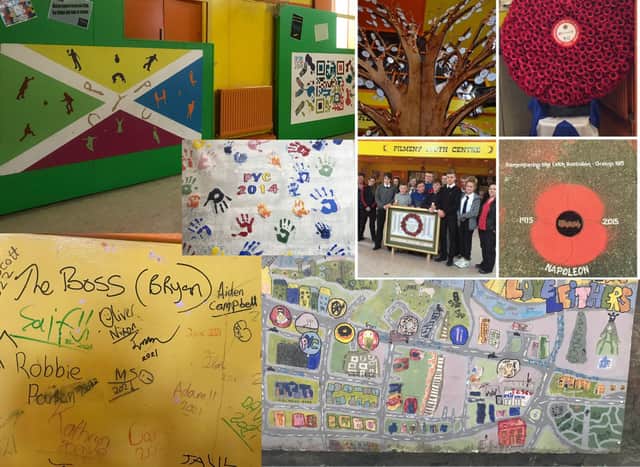 Artwork by local young people decorates the walls of the youth centre. In 2015 children from the centre and the Leith Academy XL Group commemorated the centenary of the Gretna train disaster, winning national wards for their project (top right). Children sign the walls inside the building before walking through the doors for the last time (bottom left)
