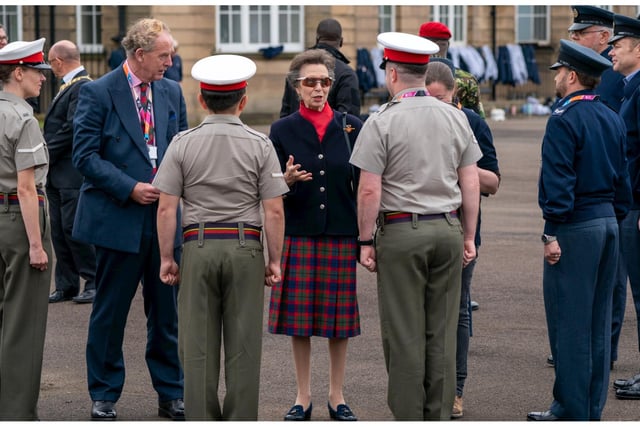 The Princess Royal meets performers during a rehearsal for this year's Royal Edinburgh Military Tattoo at Redford Barracks in Edinburgh. This year's show, entitled Stories, celebrates limitless forms of expression through Stories and transports audiences on a journey of ideas, from the earliest campfire stories through to the world stage. Picture date: Jane Barlow/PA Wire