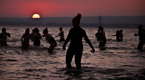 Sunrise swim at Portobello Beach for International Women's Day cancelled due to extreme cold weather. (Photo by Jeff J Mitchell/Getty Images)