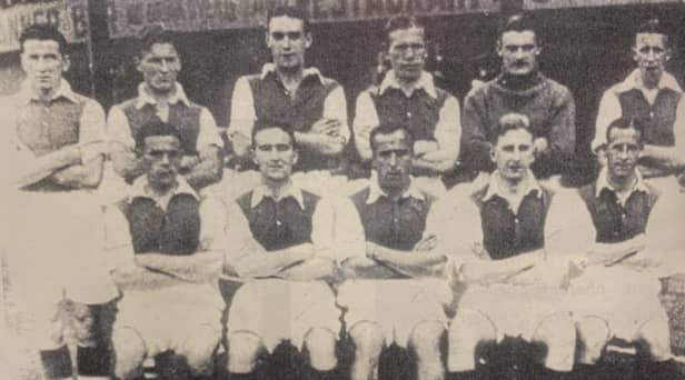 The Hibs team of 1939. Back row left to right: Logan, Shaw, Birse, Rice, Kerr, Prior. Front row: McIntyre, Finnegan, Milne, Davidson, and Nutley